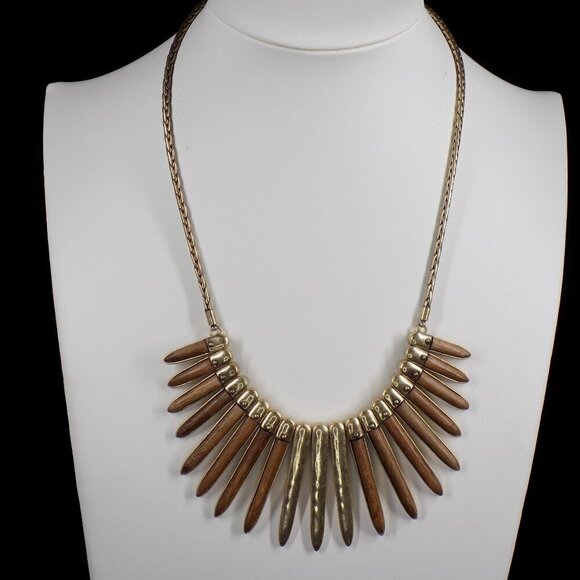 Lucky Brand Necklace Wood Brass Tribal Collar Statement Rustic 15" 1.5" extender - Picture 4 of 9